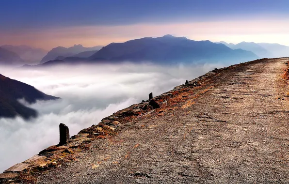 Road, clouds, mountains, fog, Italy, Lombardy, Alpe di Lenno