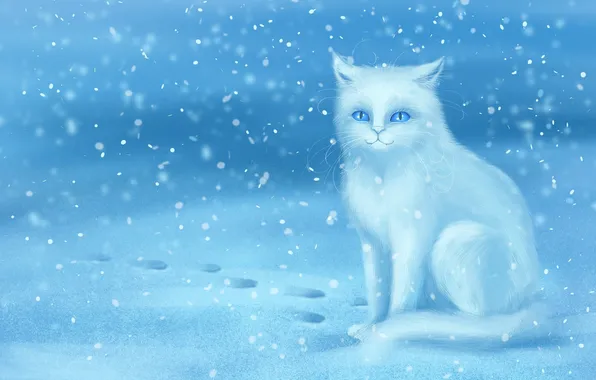 Picture winter, cat, snow, traces, art, white