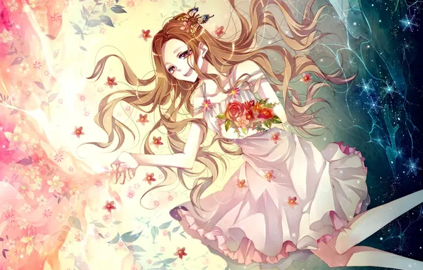 Girl, flowers, smile, mood, art, tsukioka tsukihi