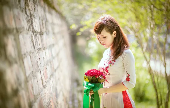 Girl, flowers, Asian