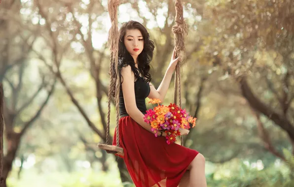 Girl, flowers, swing, Asian