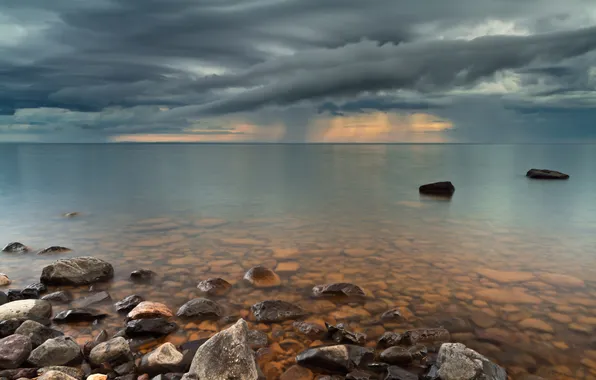 Picture the sky, transparency, clouds, storm, lake, stones