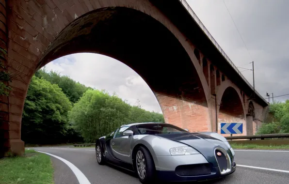 Picture road, trees, bridge, arch, Bugatti Veyron