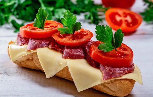 Sandwich, tomatoes, sausage, roll