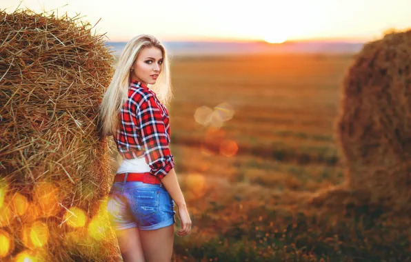 Ass, look, girl, sunset, shorts, blonde, bales, straw