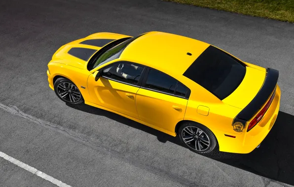 Auto, Yellow, Dodge, Asphalt, Dodge, SRT8, Charger, The view from the top