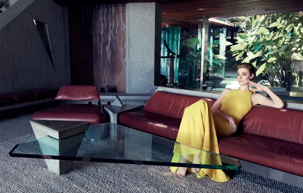 Picture yellow, interior, dress, actress, hairstyle, on the couch, photoshoot, posing