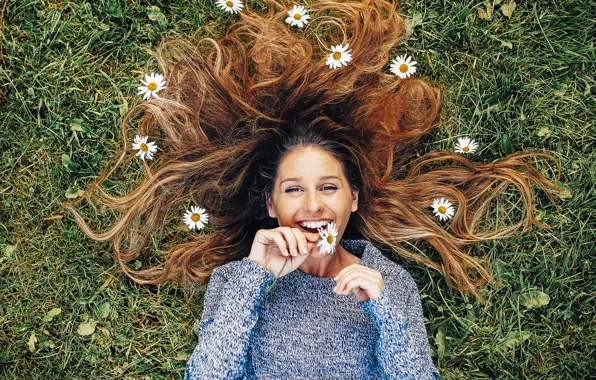 Wallpaper girl, grass, smile, flowers, hair images for desktop, section ...