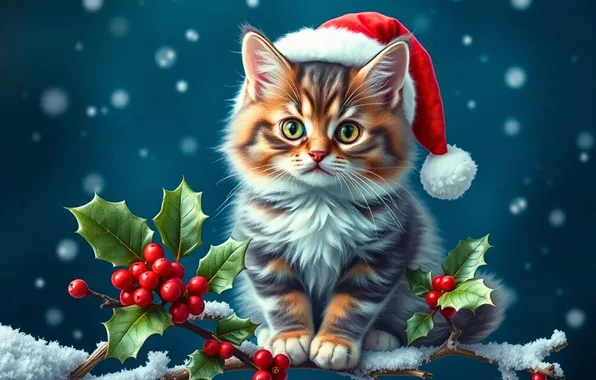 Cat, look, pose, kitty, Christmas, New year, face, Holly