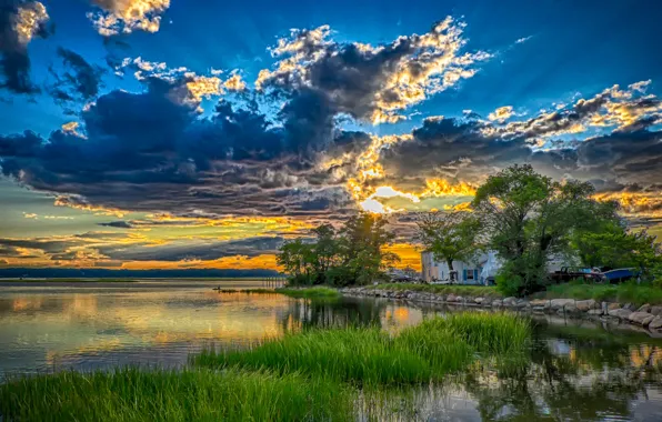 The sky, trees, sunset, clouds, lake, house