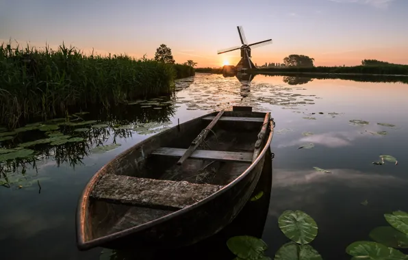 Dawn, boat, morning, mill, channel, Netherlands, South Holland, Overslingeland