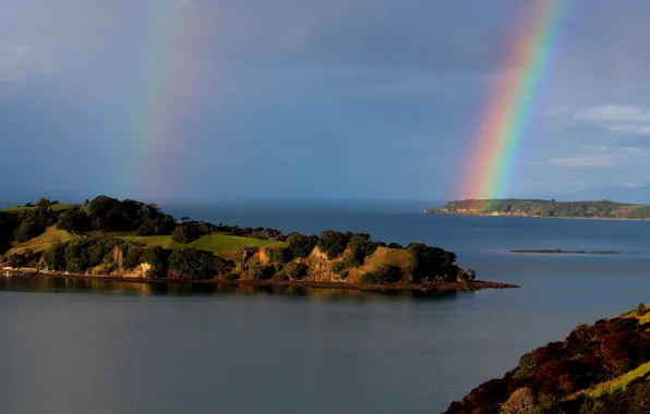 The sky, shore, vegetation, island, rainbow, pond