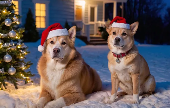 Winter, dogs, light, snow, night, house, dog, Christmas