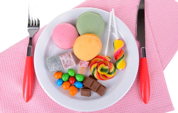 Picture table, chocolate, cookies, plate, candy, knife, sweets, lollipops