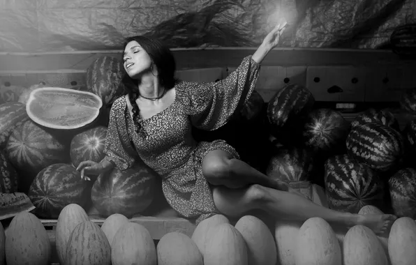 Model, black and white, monochrome, watermelons, Vadim Aksenov