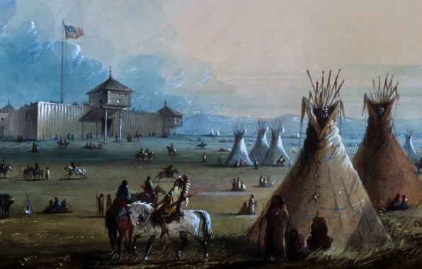 Picture, graphics, painting, painting, frontier outpost with several native american, tent sites in front