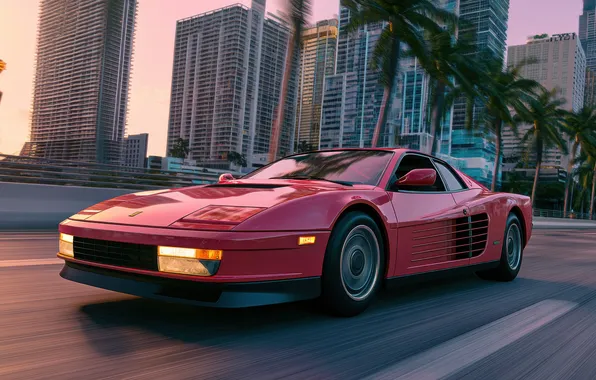 Sunset, Miami, Ferrari, Ferrari, Miami, sunset, fantasy art, Ferrari Testarossa