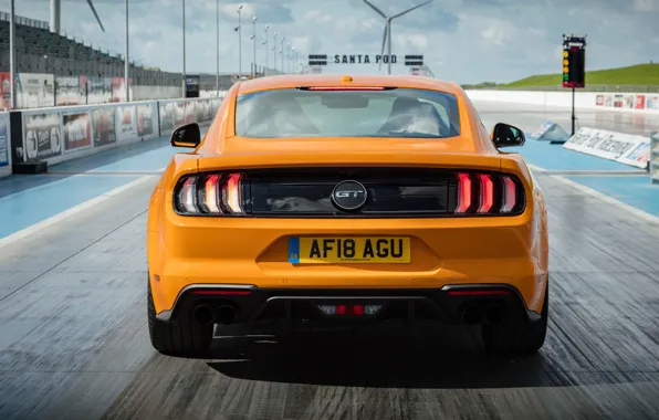 Orange, Ford, rear view, Fastback, 2018, Mustang GT