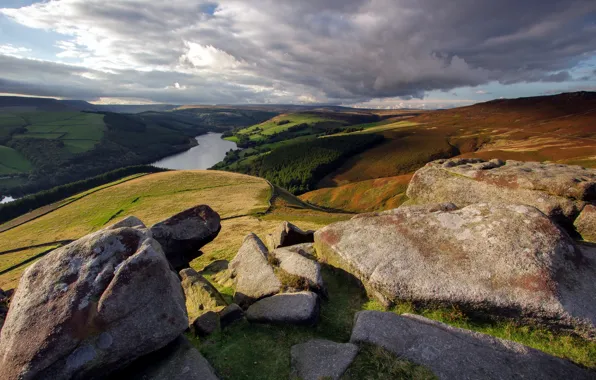 Picture landscape, mountains, river, stones