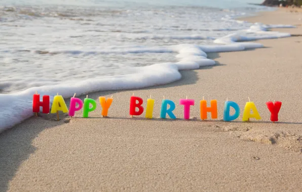 Sand, sea, beach, candles, colorful, beach, sea, Happy Birthday