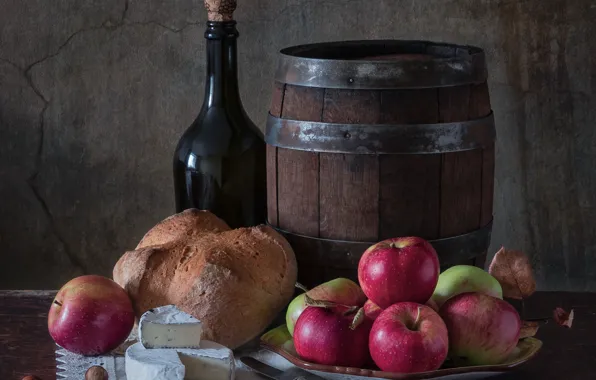 Table, wine, apples, bottle, cheese, plate, bread, red