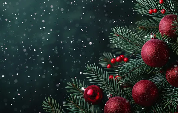 Balls, branches, berries, the dark background, Christmas, red, New year, needles