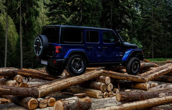 Picture blue, SUV, logs, 4x4, Jeep, 2019, Wrangler Unlimited 1941 Sahara