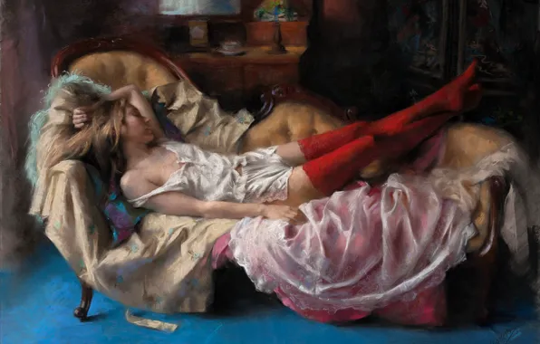 Girl, room, sofa, stay, hair, lamp, sleep, picture