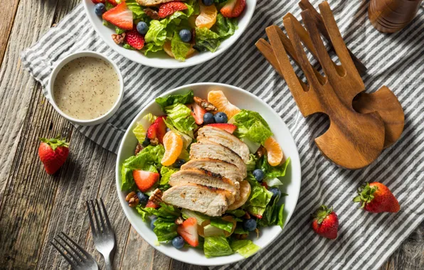 Greens, berries, food, meat, fruit, sauce, dish, fork