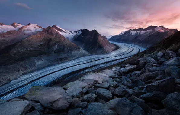 The sky, snow, landscape, stones, rocks, Switzerland, glacier