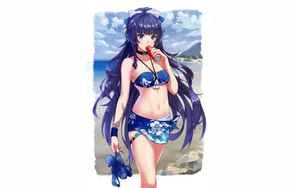 Girl, sexy, cleavage, beach, long hair, sea, boobs, anime