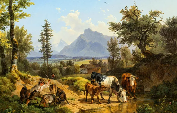 Mountains, Trees, Picture, Cows, Calf, Goats, Shepherd, Austrian artist