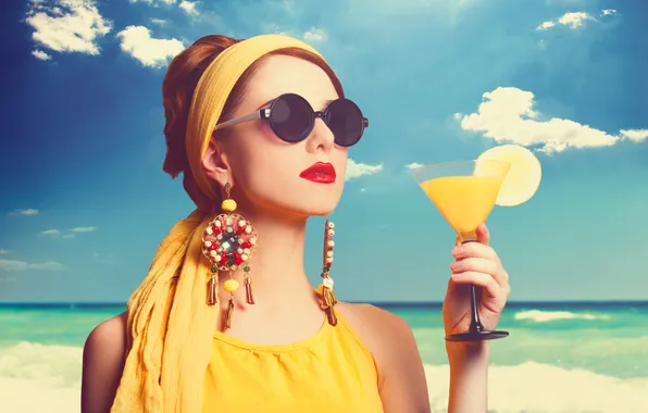 Sea, girl, stay, lemon, hair, earrings, makeup, cocktail