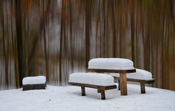 Winter, snow, table, bench