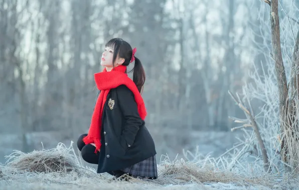 Beautiful, Asian, Model, Winter, Snow, Woman, Mist, Cute