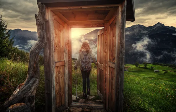 Picture the sun, treatment, the door, girl