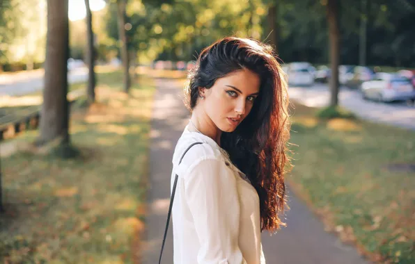 Look, girl, city, smile, model, portrait, brunette, beautiful