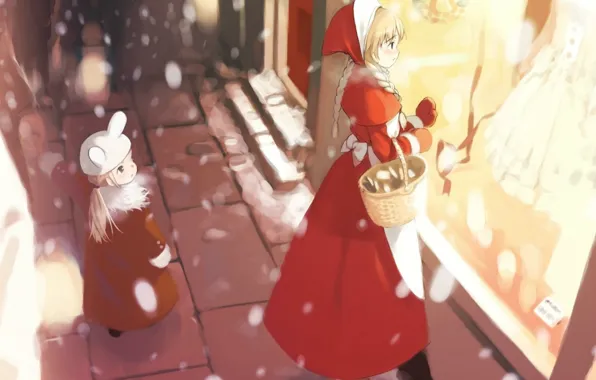 Snow, street, girls, the evening, dress, Two, stage, braid