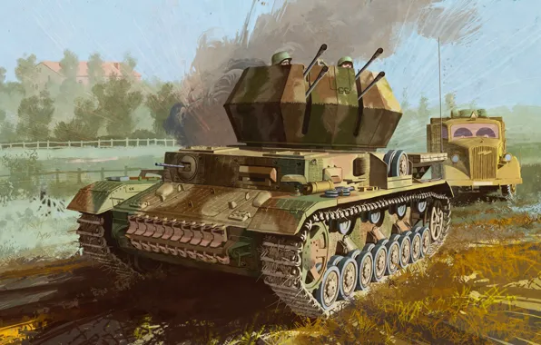 Picture war, art, painting, tank, ww2, flak, Flakpanzer IV Ausf.G “Whirlwind”