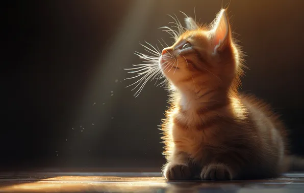 Cat, mustache, look, the sun, rays, light, pose, the dark background