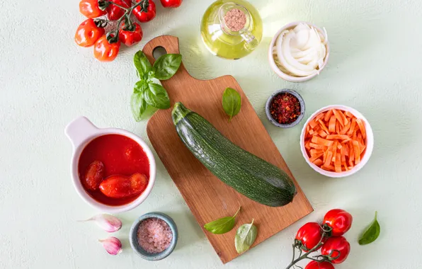 Table, oil, food, bow, light background, vegetables, tomatoes, carrots