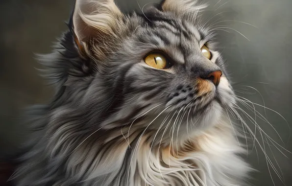 Cat, cat, look, pose, grey, portrait, face, Maine Coon