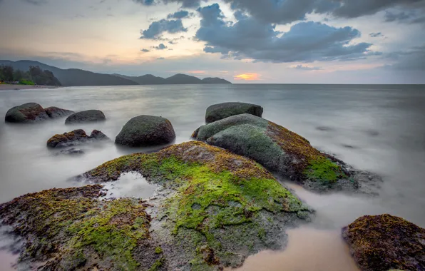 Picture sea, the sky, clouds, algae, mountains, stones, rocks