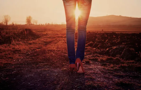 Picture girl, the sun, sunset, jeans, legs, off-road