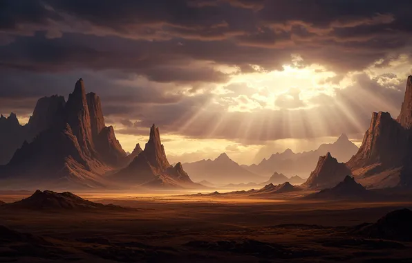 The sky, clouds, landscape, mountains, fiction, art, wallpaper, fantasy