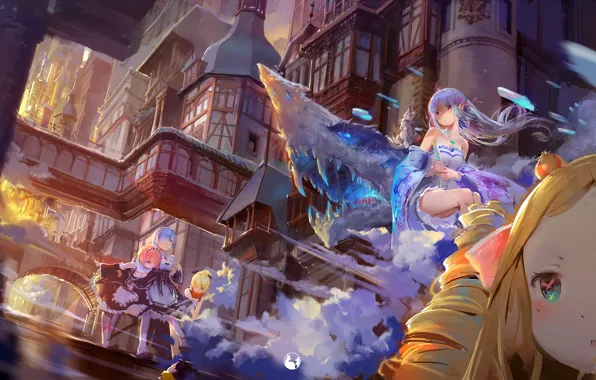 The city, dragon, sisters, Emilia, Ram, Beatrice, maids, Rem