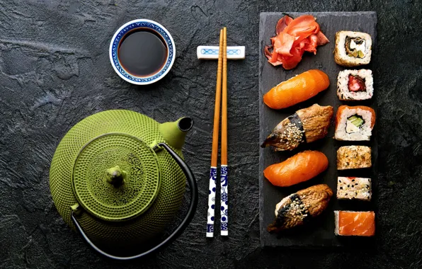 Picture kettle, sauce, sushi, rolls