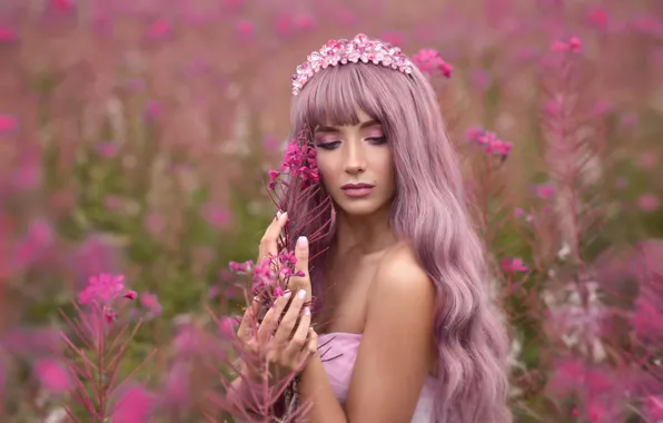 Girl, flowers, face, pose, hands, makeup, Diadema, long hair