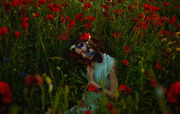 Summer, girl, butterfly, flowers, pose, style, Maki, hand