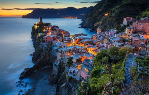 Sea, mountains, night, lights, rocks, home, Italy, Vernazza